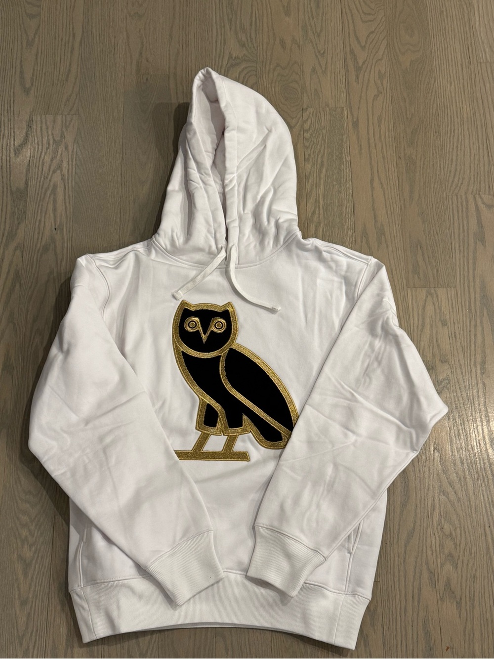 OVO Men's Classic White Hoodie with Gold-Trimmed Black Owl Logo